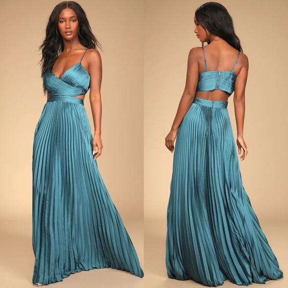 Lulus Dresses & Skirts - Lulus Got the Glam Teal Pleated Cutout Maxi Dress S Wedding Party Prom Whimsical